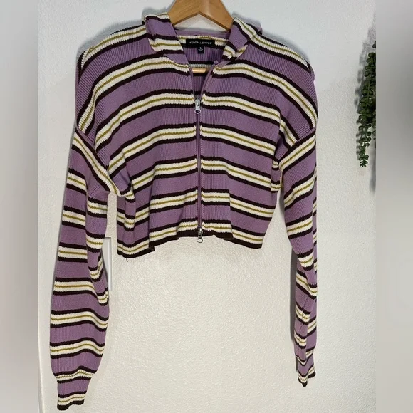 Kendall & Kylie Cropped Striped Double Zipper Hooded Sweater Size S - Picture 2 of 7